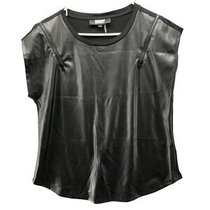 DKNY Faux Leather Front Zip Accent Top Womens M Black Mixed Media Dolman